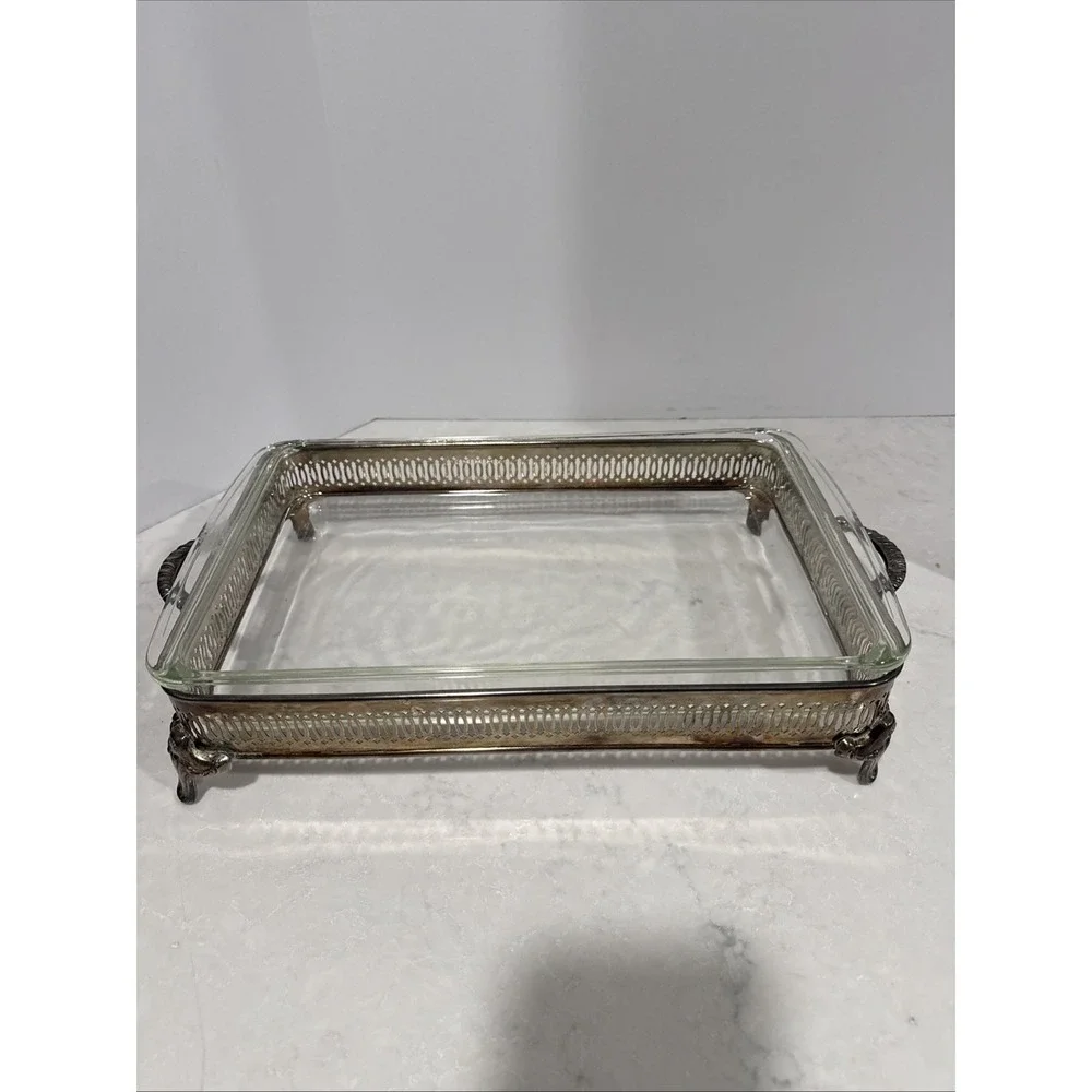 Vntg Godlinger Silver Plate Footed Dish Casserole Server Glass Liner 18x10 inch